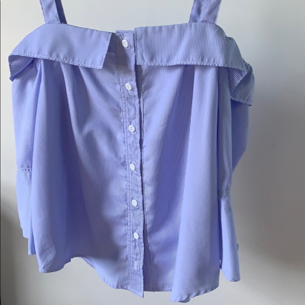 blue and white striped off the shoulder blouse